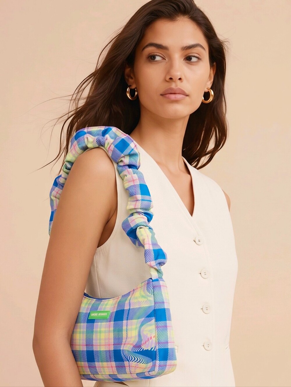 Local Heroes ✦ Trippy Plaid Shoulder Bag ✦ Scrunch Strap Charm Zip Pastel NWT